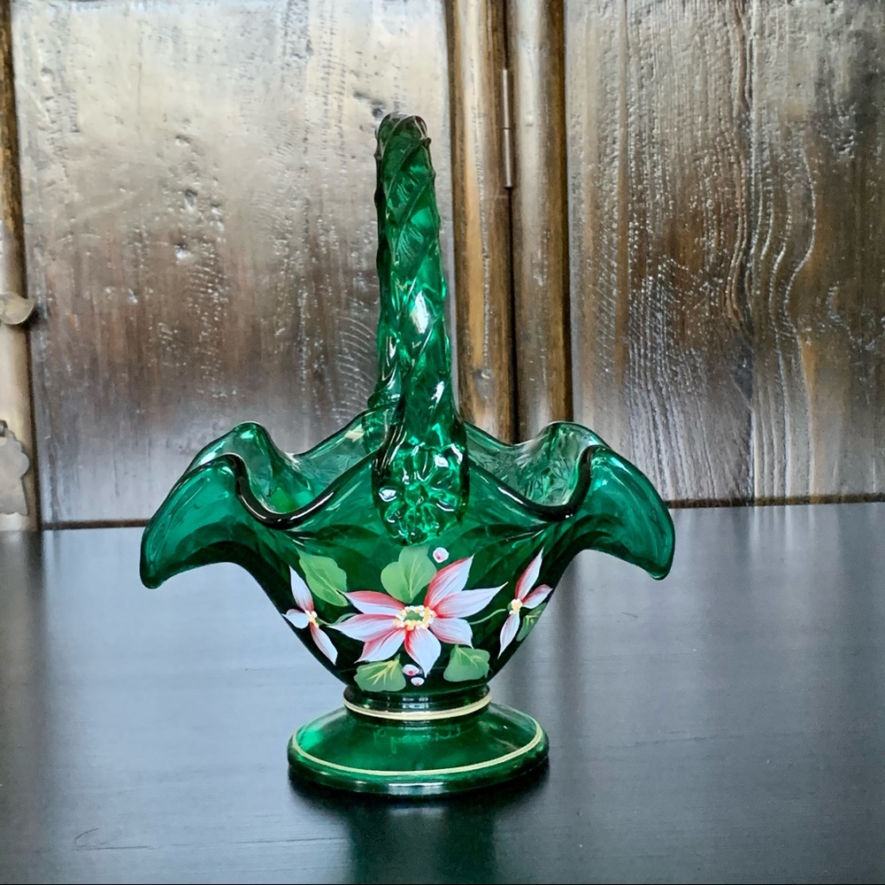 RARE - Fenton Artist Showcase Series Emerald Glass Handled Basket with Lilies